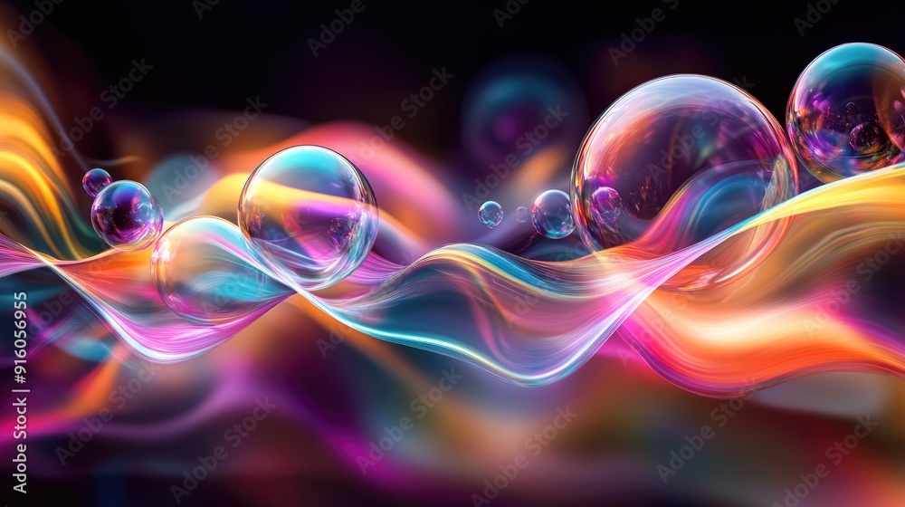 Artistic visual effect of colorful 3D spheres in motion with flowing multicolored waves, creating vibrant energy Artistic visual effect of colorful 3D spheres in motion with flowing multicolored waves, creating vibrant energy