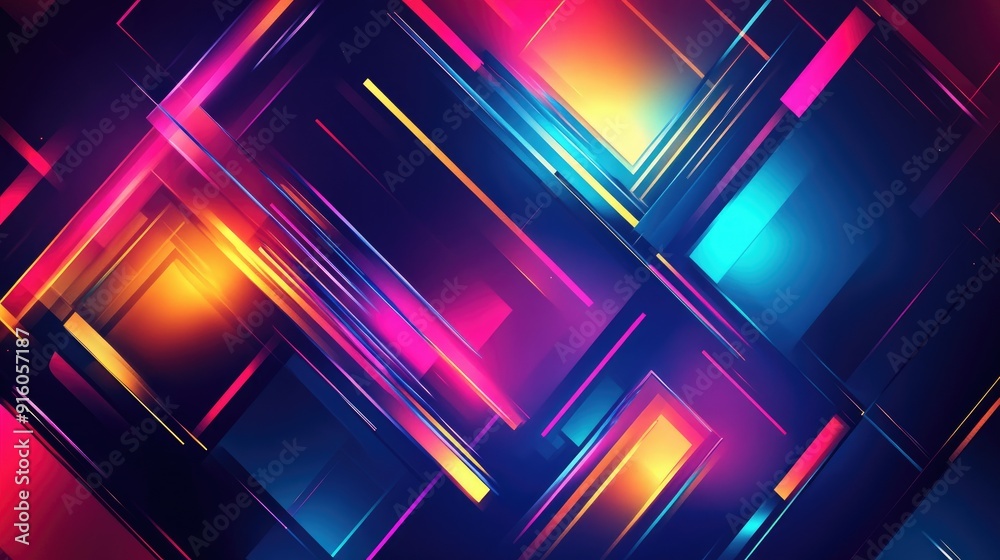 Bright neon geometric shapes in a stunning composition, radiating colorful energy against a dark backdrop Bright neon geometric shapes in a stunning composition, radiating colorful energy against a dark backdrop