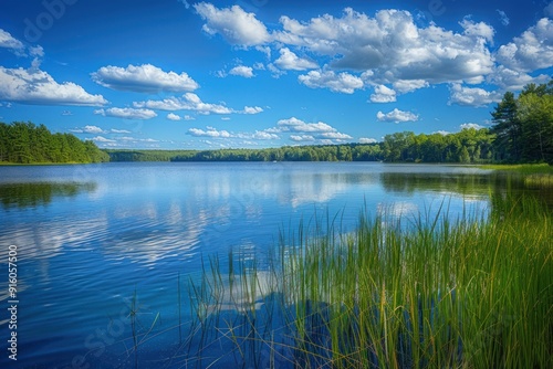 Tranquil Lake Scene with Lush Green Grass and a Blue Sky