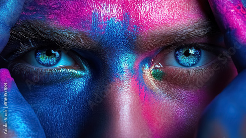 hypnotic male eyes with vibrant multicolor face paint for dramatic beauty shots