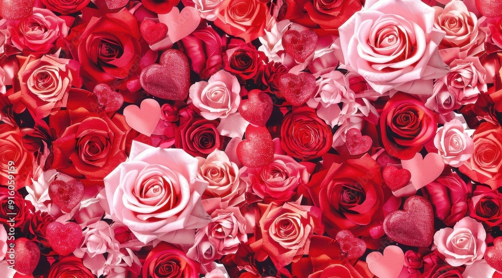 A colorful arrangement of roses and hearts creates a festive atmosphere for love A colorful arrangement of roses and hearts creates a festive atmosphere for love