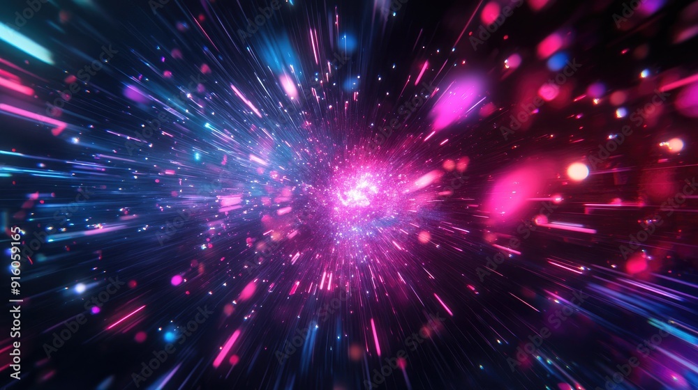 Neon starburst with dynamic light rays, galaxy explosion on a black background, a generative AI creation Neon starburst with dynamic light rays, galaxy explosion on a black background, a generative AI creation