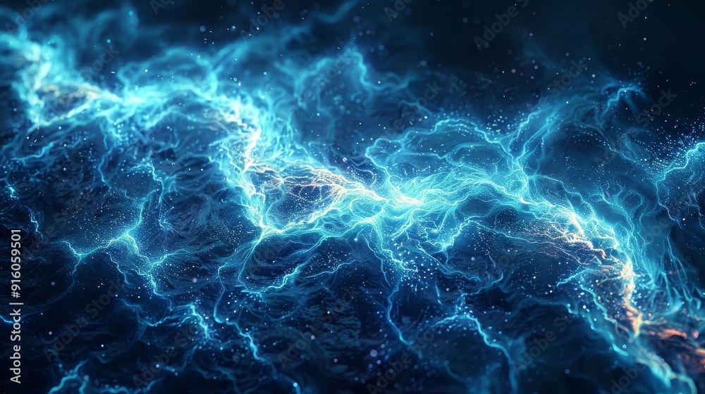 Obraz premium Blue abstract fractal energy background with mesmerizing glowing lines on a captivating dark backdrop. Ideal for web pages and presentations, adding a modern touch.