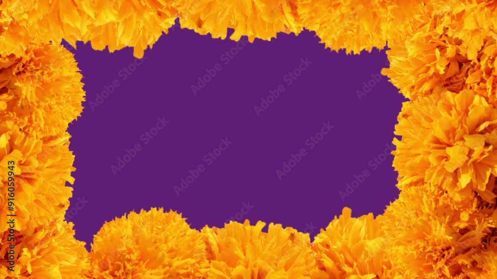 Animación de marco de flores de cempasúchil con fondo morado. Día de muertos en México