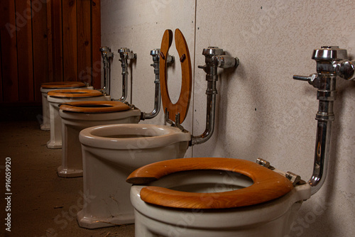A row of latrine toilets with one seat up.