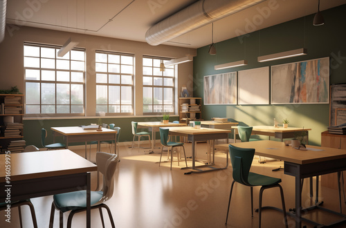 A school classroom with chairs and tables for children