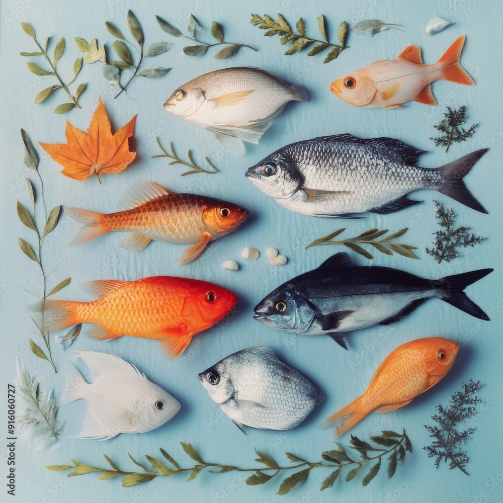 Top view of a beautifully arranged fish display, highlighting the intricate details and textures on a pristine, noise-free background 