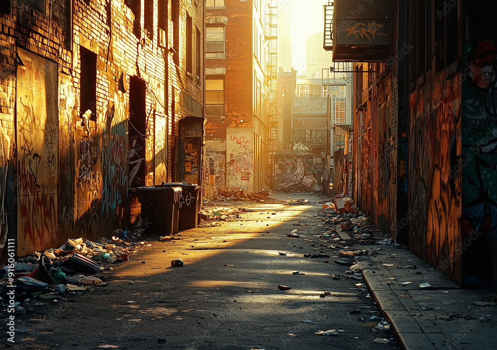 Fototapeta premium A gritty urban alleyway with graffiti-covered walls, litter scattered on the ground, soft sunlight casting long shadows, rough textures, capturing the imperfect beauty of everyday city struggling life