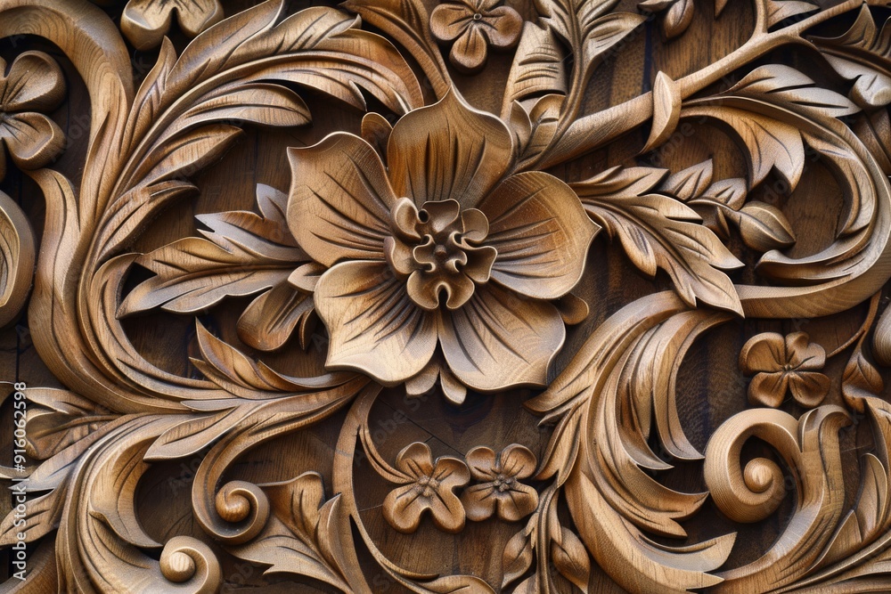Wooden floral design with intricate details, showcasing a delicate and ornate pattern. Features a graceful vine with leaves and a flower, representing growth, beauty, and nature. Wooden floral design with intricate details, showcasing a delicate and ornate pattern. Features a graceful vine with leaves and a flower, representing growth, beauty, and nature.