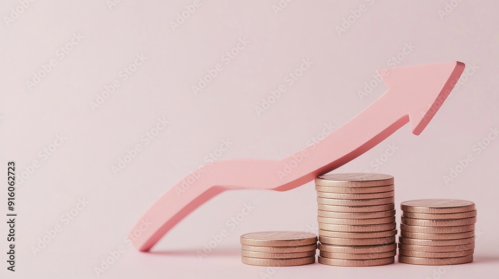A simple pink graph arrow pointing upwards, with three stacks of coins ...