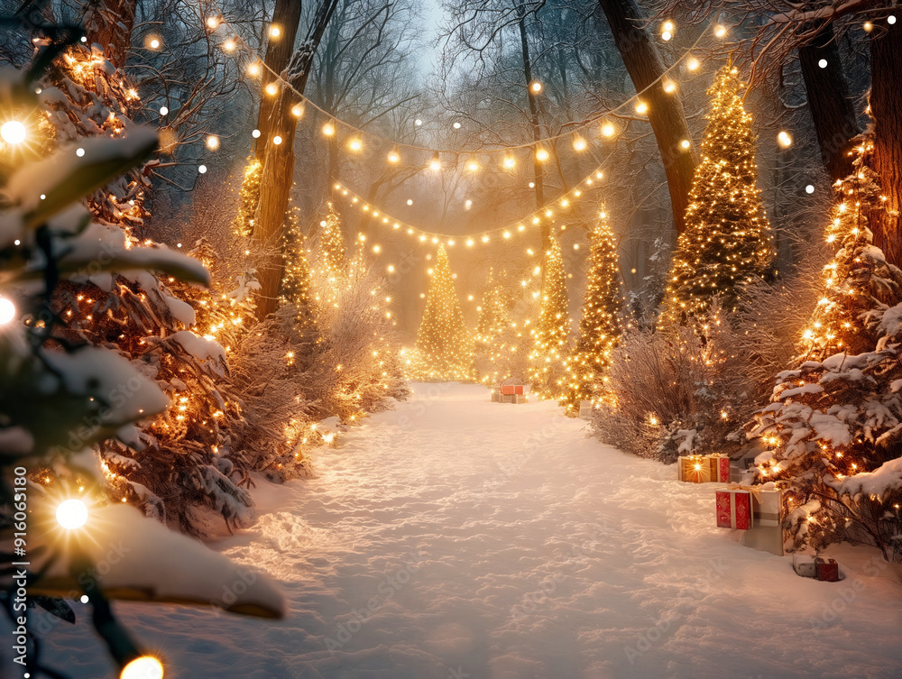 A Christmas tree decorated with lights and a path of lights leading to it. The scene is set in a snowy forest