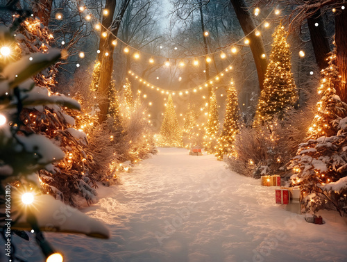 Obraz na płótnie A Christmas tree decorated with lights and a path of lights leading to it. The scene is set in a snowy forest w salonie
