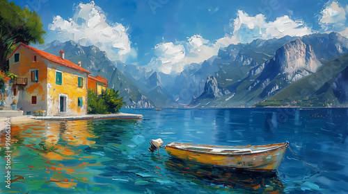 impressionism oil painting, landscape with mountains and water, palette knife texture. Design for Wall Art, Poster Print, Wallpaper & Background