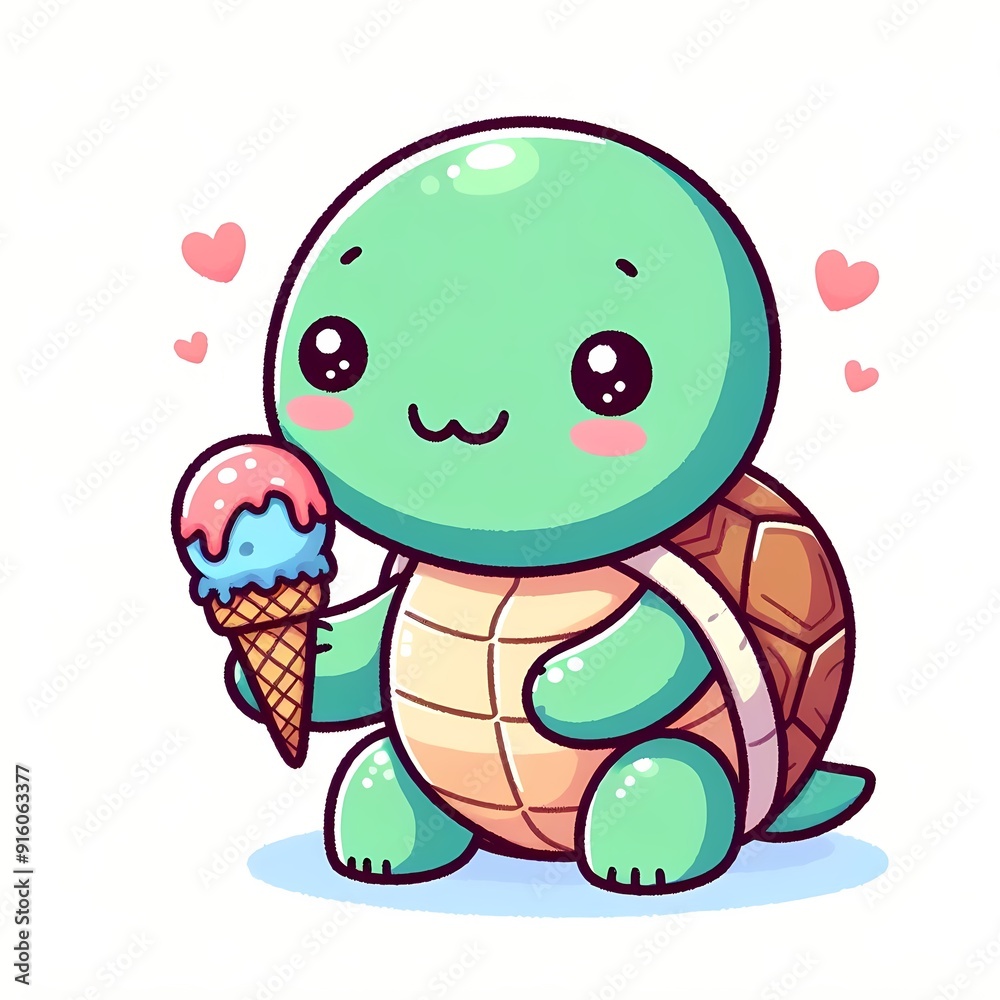 Obraz premium Cute Turtle Holding Ice Cream Cartoon Vector Icon Illustration