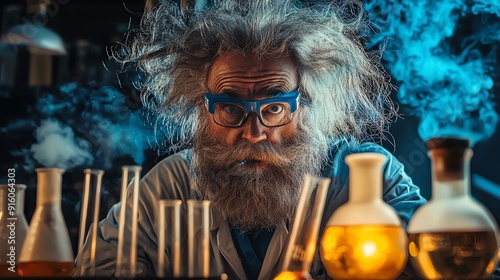 A mad scientist with wild hair and a beard stares intensely at his experiment, with beakers and test tubes bubbling and smoking around him. photo
