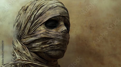 Close-up of a creepy, bandaged mummy face with one eye visible. photo