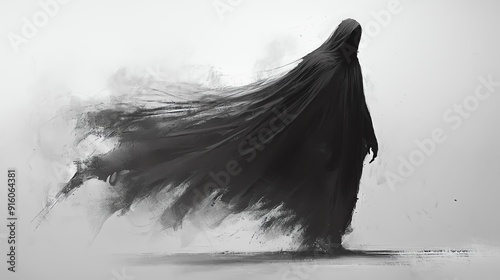 Mysterious figure in a flowing black robe, shrouded in mist and mystery. photo