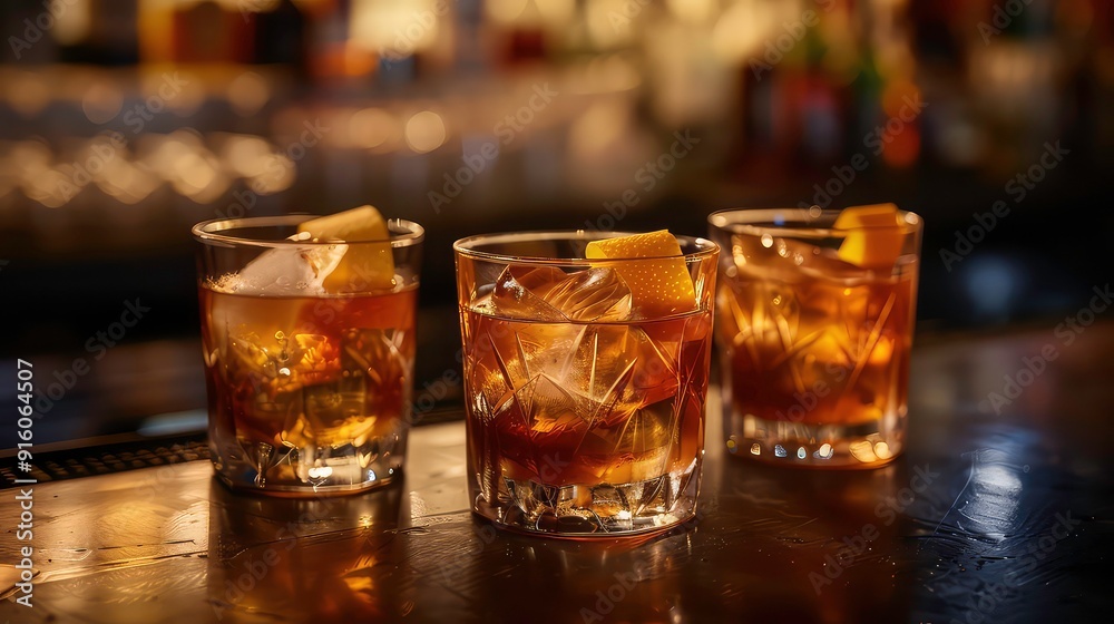 Three glasses of amber liquid with ice and lemon peel garnishes on a dark counter. Three glasses of amber liquid with ice and lemon peel garnishes on a dark counter.