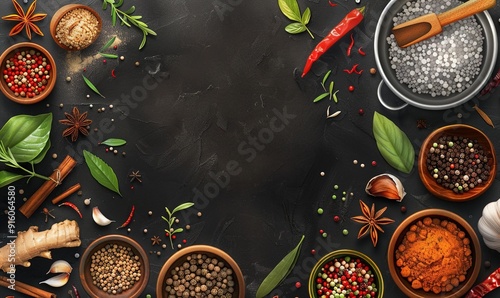 kitchen spice cooking ingredients in beautiful abstract on black background Generate AI