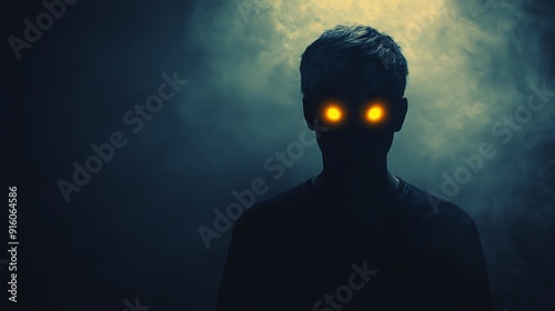 Silhouette of a mysterious figure with glowing eyes in the darkness.