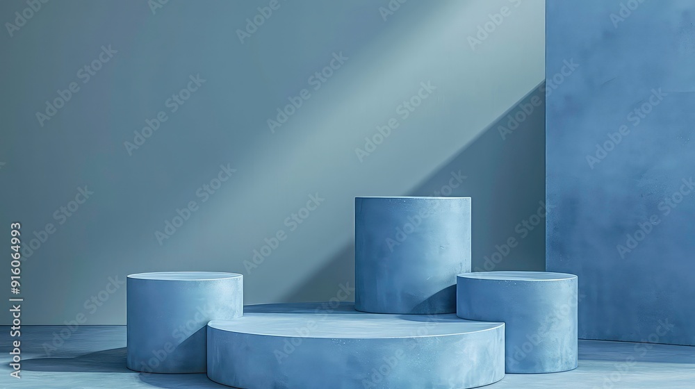 Three light blue cylindrical podiums on a blue floor with blue walls and a shadow. Three light blue cylindrical podiums on a blue floor with blue walls and a shadow.