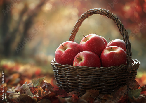 A close-up of a basket filled with freshly picked apples, set against a backdrop of an autumn orchard, soft natural light, high detail, realistic textures, seasonal warmth.