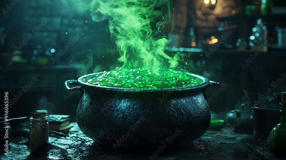 A bubbling cauldron of green potion with steam rising, casting a magical glow in a dark, gothic setting. A bubbling cauldron of green potion with steam rising, casting a magical glow in a dark, gothic setting.
