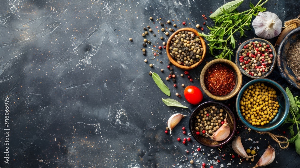 Assorted spices and herbs in bowls on dark surface Assorted spices and herbs in bowls on dark surface