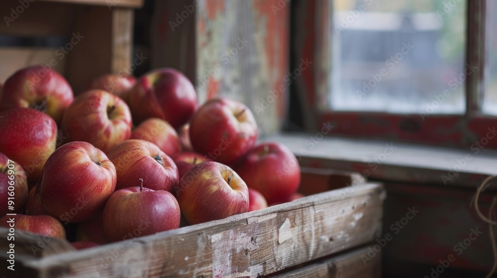 Red apples in rustic wooden crate by window Red apples in rustic wooden crate by window