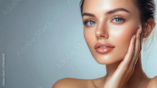 Close-up portrait of a young woman with flawless skin, bright blue eyes, and glossy lips, showcasing natural beauty and perfect complexion against a soft blue background.