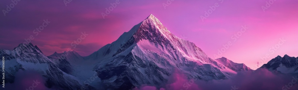 Fototapeta premium Majestic Snow-Capped Mountain Peaks Bathed in Surreal Purple and Pink Sunset, Exuding Tranquility and the Grandeur of Nature