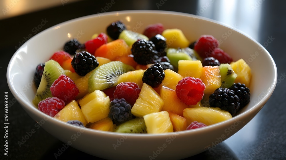 3. A vibrant fruit salad featuring kiwi, berries, and pineapple in a white bowl 3. A vibrant fruit salad featuring kiwi, berries, and pineapple in a white bowl