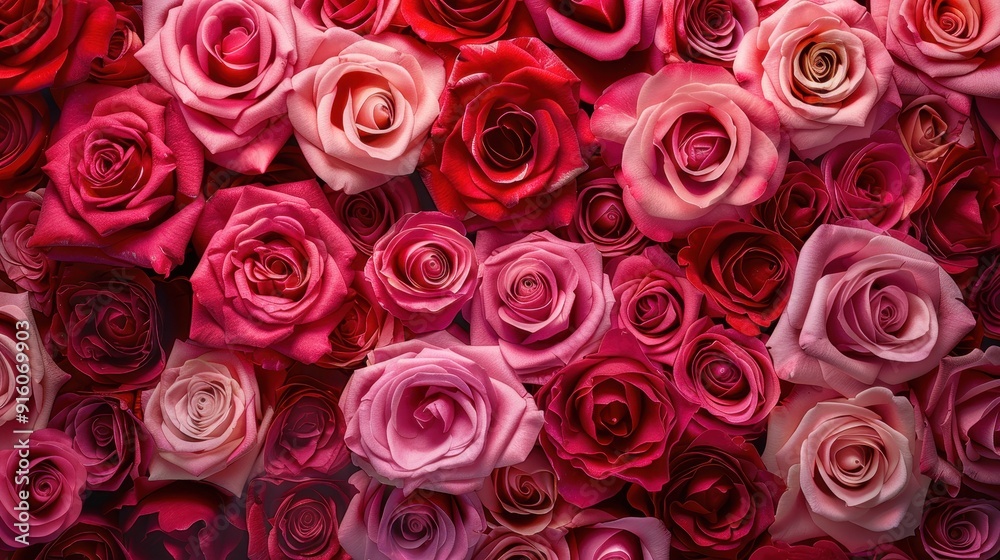 A beautiful variety of roses in shades of red and pink fills the space, creating a stunning floral arrangement A beautiful variety of roses in shades of red and pink fills the space, creating a stunning floral arrangement