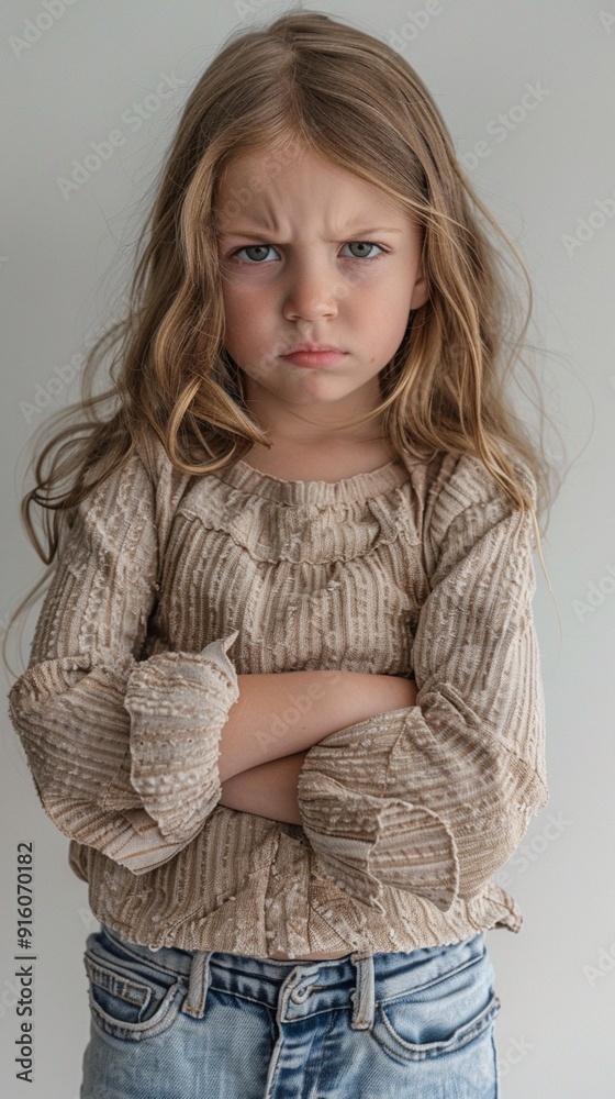A young child with wavy blonde hair and piercing blue eyes stands with arms crossed, wearing a beige sweater and jeans, expressing a serious demeanor. A young child with wavy blonde hair and piercing blue eyes stands with arms crossed, wearing a beige sweater and jeans, expressing a serious demeanor.