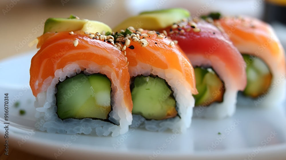 12. A colorful sushi roll with avocado, cucumber, and salmon 12. A colorful sushi roll with avocado, cucumber, and salmon