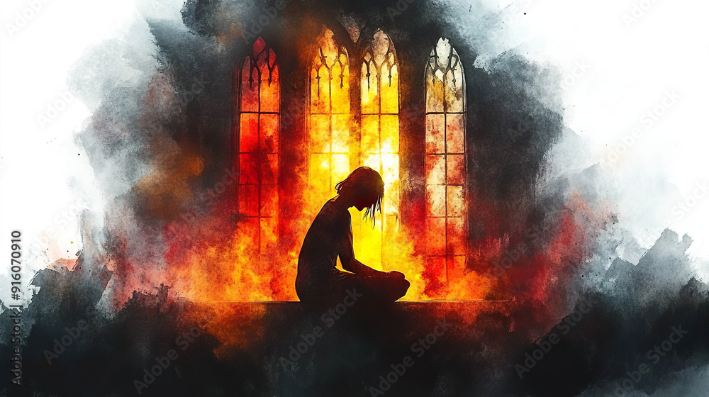 A figure kneels in prayer before a fiery window in a gothic cathedral. Generated by AI. A figure kneels in prayer before a fiery window in a gothic cathedral. Generated by AI.