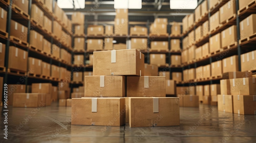 Stacked cardboard boxes in foreground of vast warehouse storage facility. Rows of shelves filled with packages stretch into distance, illuminated by overhead lights.