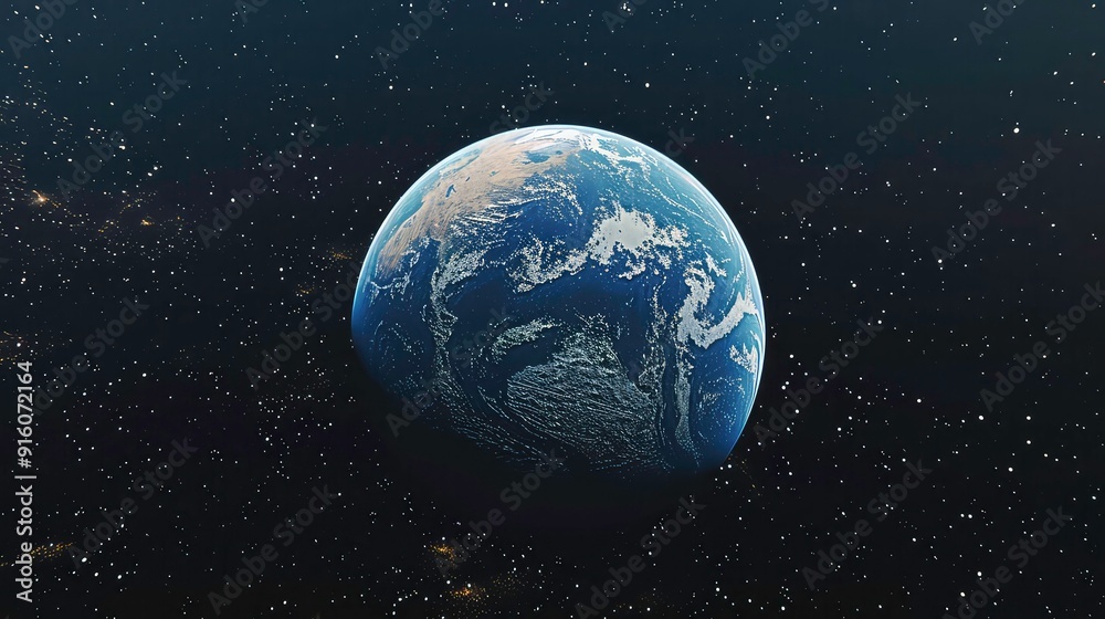 Obraz premium A blue planet, the earth, with white clouds in a dark space with stars.