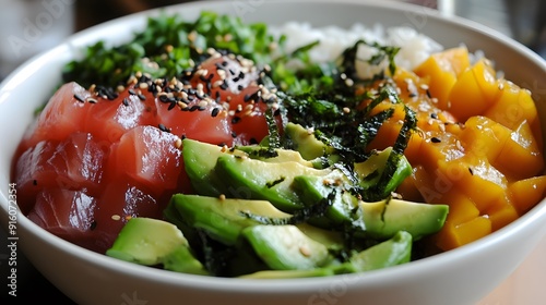 28. A colorful poke bowl with tuna, avocado, and seaweed