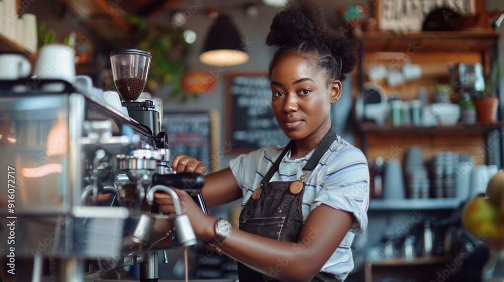 Skilled barista crafts perfect espresso in cozy cafe, surrounded by warm wood tones and gleaming equipment. Her focused expression shows dedication to the art of coffee. Skilled barista crafts perfect espresso in cozy cafe, surrounded by warm wood tones and gleaming equipment. Her focused expression shows dedication to the art of coffee.