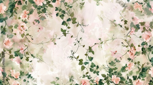 A delicate pattern of pink flowers intertwined with green leaves on a muted background creates a serene atmosphere