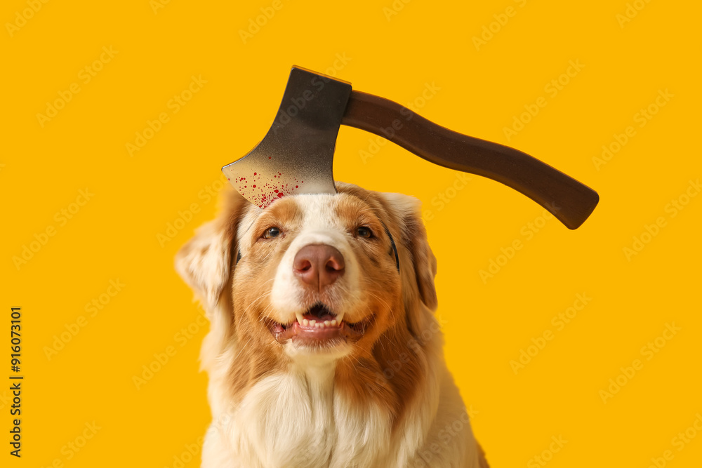 Cute dog with axe on yellow background. Halloween celebration Cute dog with axe on yellow background. Halloween celebration