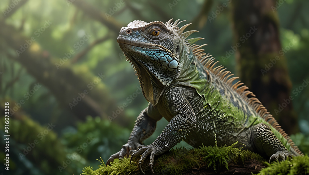 iguana on a mossy branch iguana on a mossy branch