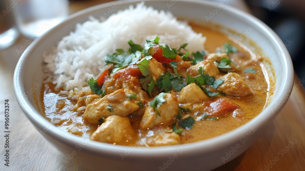 38. A bowl of rich, flavorful curry with chicken and a side of basmati rice 38. A bowl of rich, flavorful curry with chicken and a side of basmati rice