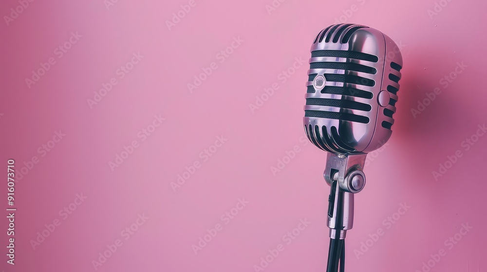 Fototapeta premium A vintage silver microphone against a light pink wall.