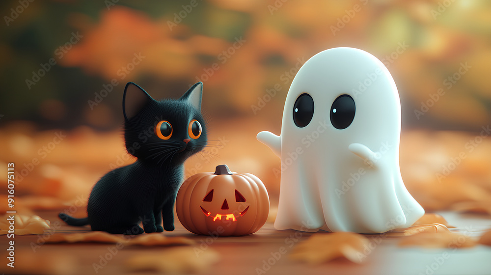 Obraz premium 3D ghost_playing_with_a_black_cat_halloween