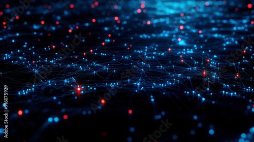 An abstract representation of a cybersecurity network: glowing nodes and lines in a dark digital environment. photo