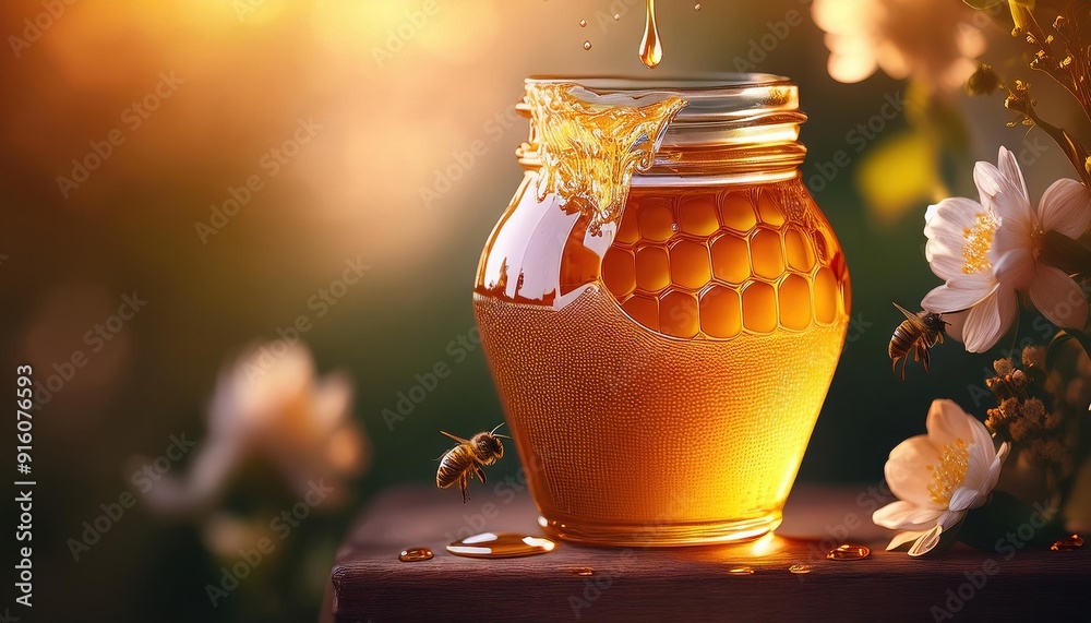 Golden Honey Jar with Bees and Flowers Golden Honey Jar with Bees and Flowers