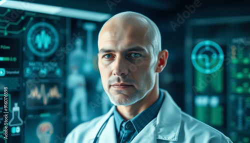 Confident Doctor Looking at Camera in Futuristic Lab