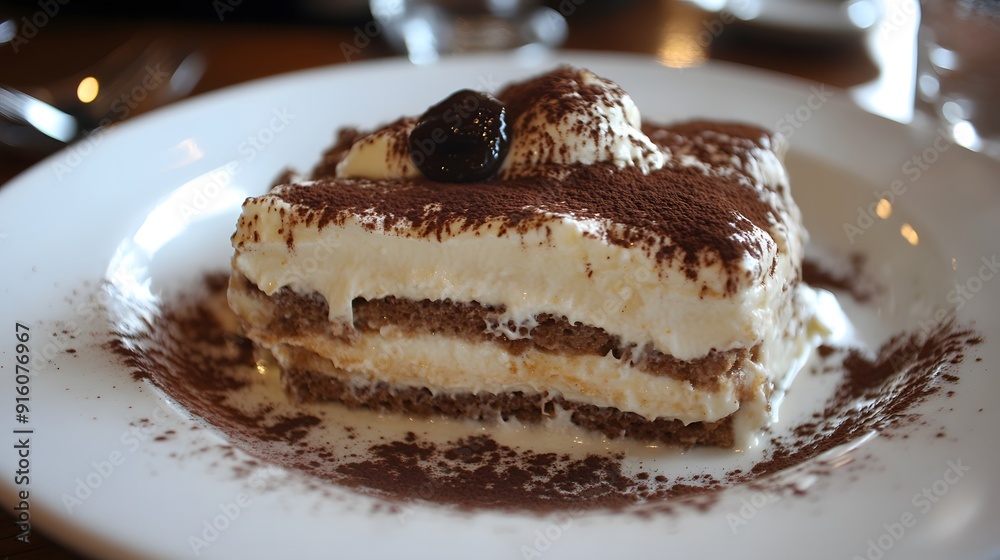 57. A serving of rich and creamy tiramisu with layers of coffee-soaked ladyfingers 57. A serving of rich and creamy tiramisu with layers of coffee-soaked ladyfingers